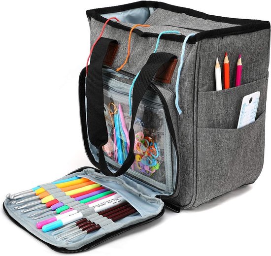 LUXJA - Sac De Rangement Pour Crochet Et Tricot, Gris, Compartiments Multiples, Avec Bandes élastiques