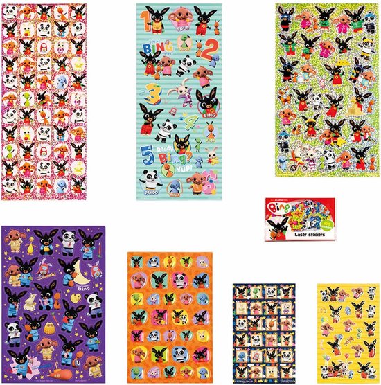 Verschillende vellen met Bing-stickers, waaronder metallic en 3D-stickers met Bing en vrienden.