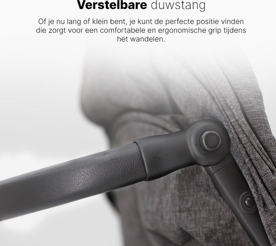 Verstelbare duwstang van een donkergrijze hamilton buggy, met lederen grip.