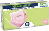 Merbach mondmasker roze 3-lgs IIR oorlus- 200 x 50 stuks voordeelverpakking