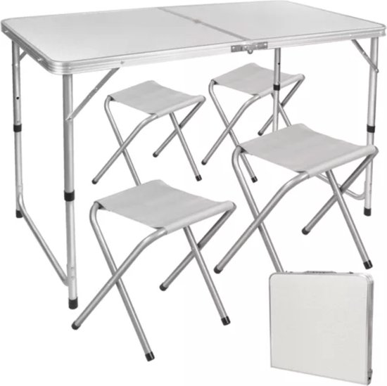 MOZY - Inklapbare Kampeertafel - met 4 Stoelen - Wit - Verstelbaar - met Parasol gat - Luxe Kampeerset - Campingtafel - Kampeermeubel - Klaptafel met stoelen - Vouwtafel