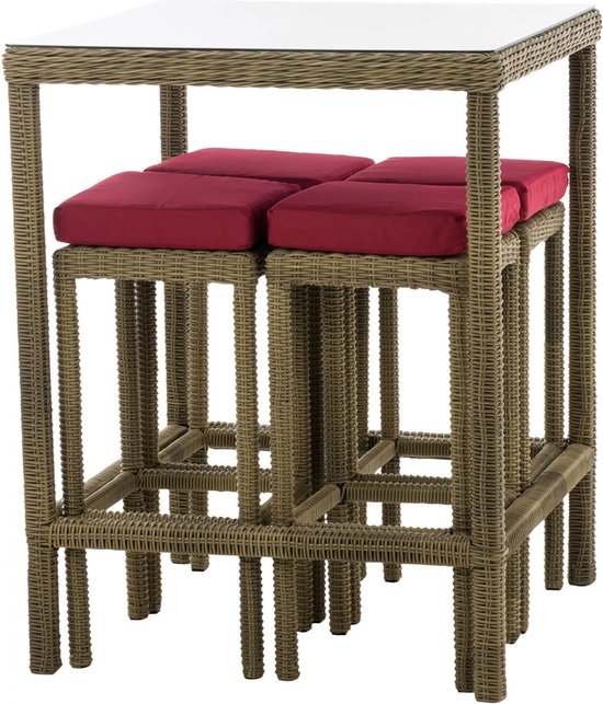 In And OutdoorMatch Bartafel met stoelen Orie - Rood/Creme - Tuinbar Rotan - Set van 4 Orie - Binnen en buiten - Weerbestendig - Tuinmeubelen - 4 personen