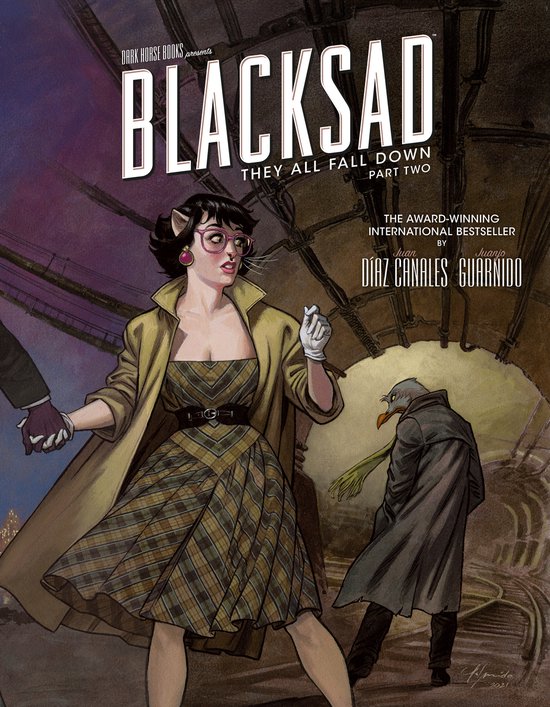 Boekcover: Vrouw met kattenoren en vogelman. "BLACKSAD THEY ALL FALL DOWN PART TWO".