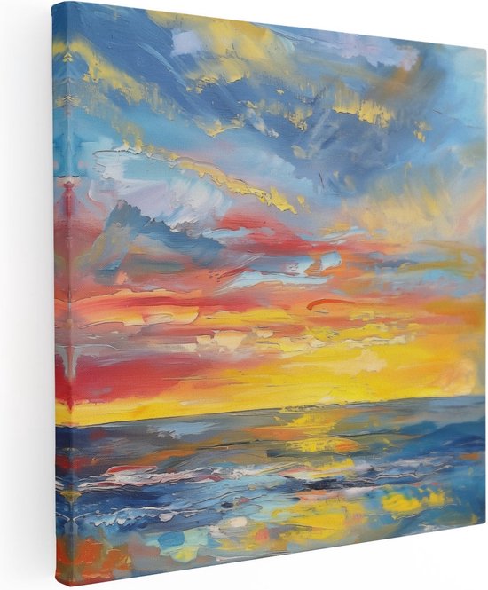 Artaza Canvas Schilderij Olieverfschilderij van een Zonsondergang boven de Oceaan - 50x50 - Wanddecoratie - Foto Op Canvas - Canvas Print
