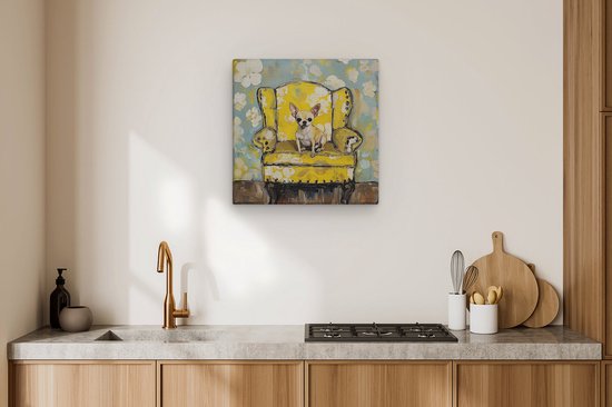 Artaza Canvas Schilderij Chihuahua in een Gele Stoel - Dieren - 60x60 cm - Wanddecoratie Woonkamer - Schilderijen - Muurdecoratie