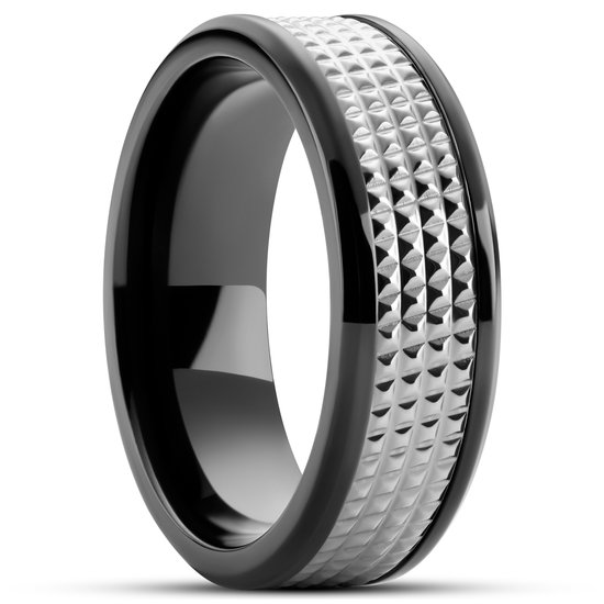 Hyperan | 8 mm Zwarte Titanium Ring met Zilverkleurig Diamantpatroon