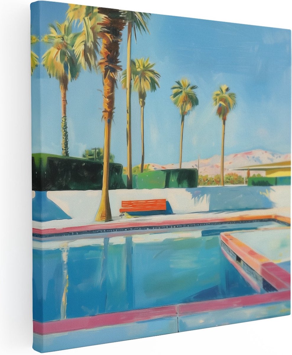 Artaza Canvas Schilderij Zwembad Palmboom - 90x90 cm - Wanddecoratie Palm Springs - Muurde