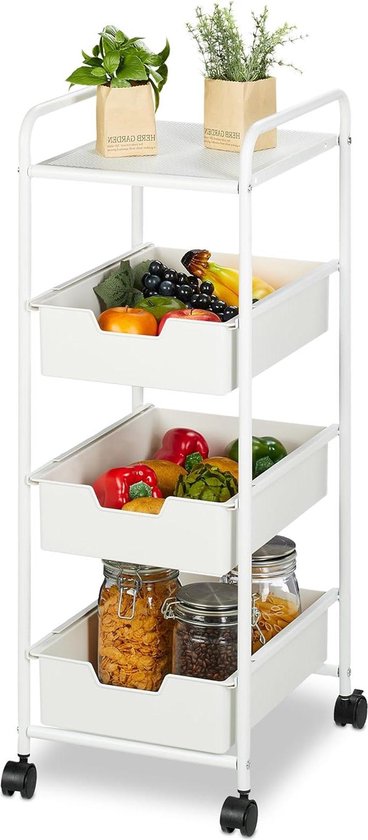 Relaxdays keukentrolley, 3 laags, staal, serveerwagen, badkamer, kantoor, 71 ,5x43,5x29,5 cm, opbergtrolley, wit