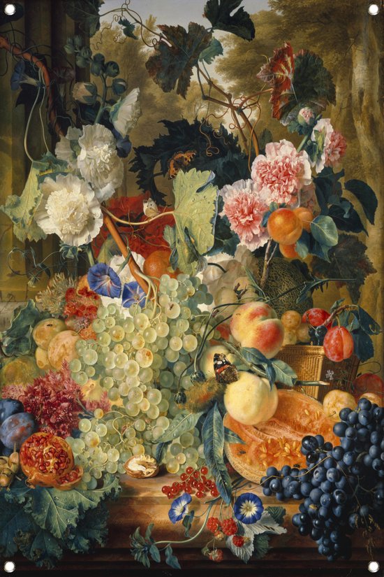 Stilleven van bloemen en fruit op een marmeren plaat - Jan van Huysum tuinposter - Fruit posters - Tuinposter Oude meesters - Schutting decoratie - Tuin posters - Wanddecoratie tuinposter 80x120 cm