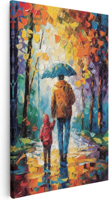 Artaza Canvas Schilderij Man en een Kind Lopen in de Regen met een Paraplu - 40x60 - Wanddecoratie - Foto Op Canvas - Canvas Print