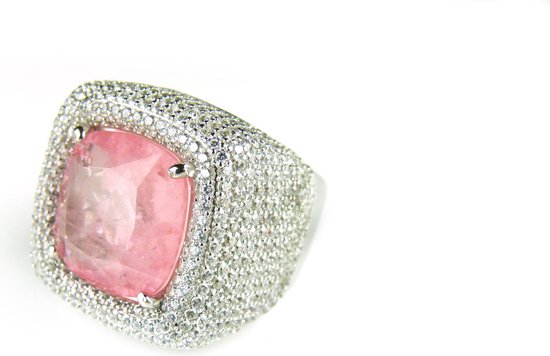 Brede zilveren ring met roze steen en cubic zirconia