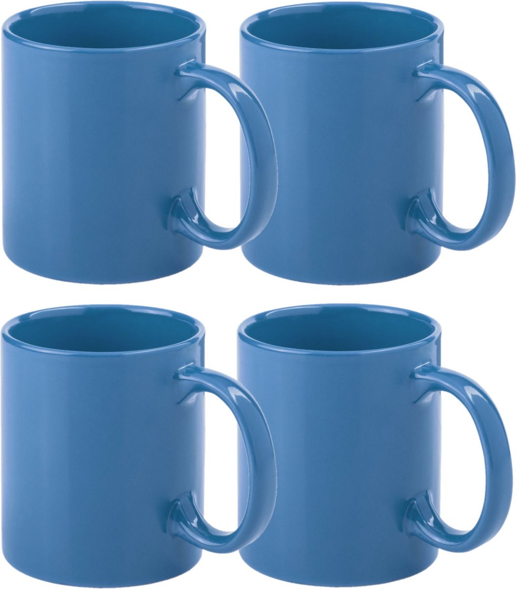 Bellatio Design Koffie mokken/bekers - 4x - keramiek - glans - met oor - blauw - 370 ml