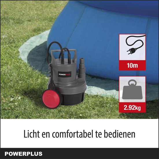 Grijze Powerplus dompelpomp met rode vlotterschakelaar in de buurt van een zwembad, 10m kabel, 2.92kg.