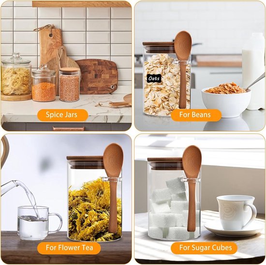 Voorraaddozen, glas, set van 3, voorraadpotten met deksel en lepel
