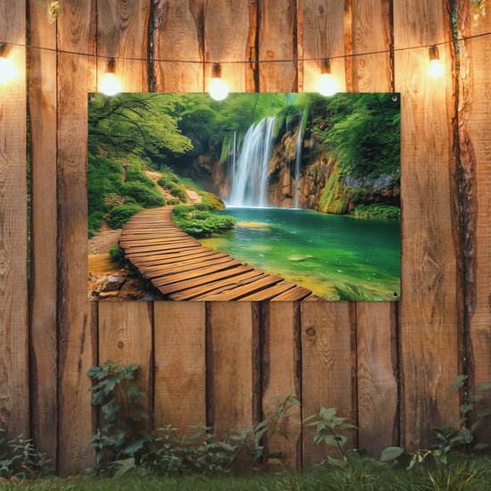 Affiche de jardin - Toile de jardin - Posters de jardin extérieur - Cascade - Jungle - Chemin - Vert - Nature - Water - 120x80 cm - Jardin