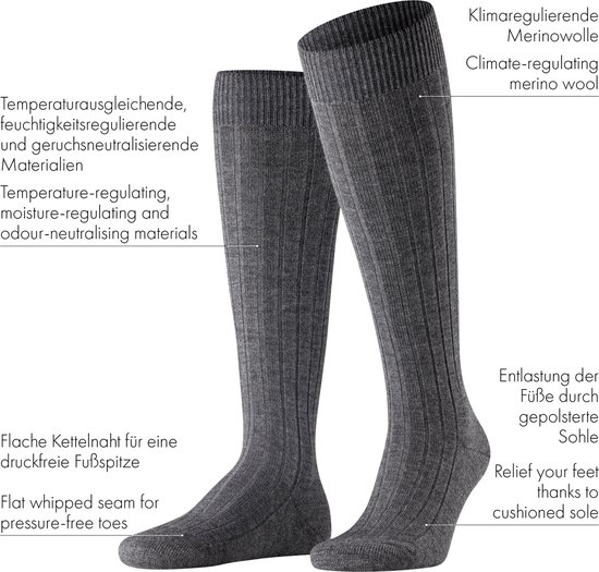 Grijze kniekousen met ribbels, temperatuurregulerend merinowol, vochtregulerend, geurneutraal, platte naad bij de tenen.
