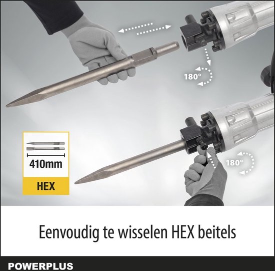 Gele breekhamer met 410mm HEX beitels die 180 graden gedraaid kunnen worden.