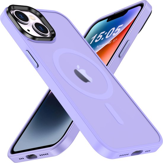 IYUPP Hoesje Geschikt voor iPhone 13 Hoesje - Geschikt voor MagSafe - Shockproof Back Cover - Paars Lila Transparant