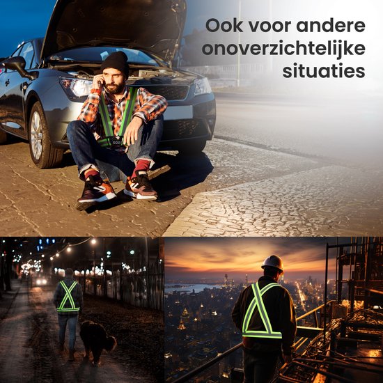 Collage van drie foto's: man bij auto met pech, persoon met hond in de sneeuw, man op een industriële locatie, allen met reflecterende vesten.