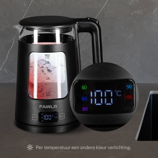 Zwarte waterkoker met glazen kan, LED-display dat 100°C aangeeft met verschillende kleurverlichting.
