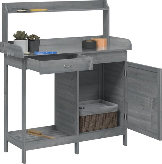 vidaXL Table de rempotage - Tables de remportage - Table de travail de jardin - Table de rempotage - Table de rempotage avec armoire 110,5 x 45 x 124,5 cm Pin massif gris
