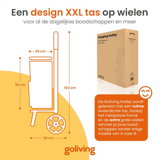 Afmetingen van een zwarte boodschappentrolley met de tekst 'Goliving Shopping trolley'.