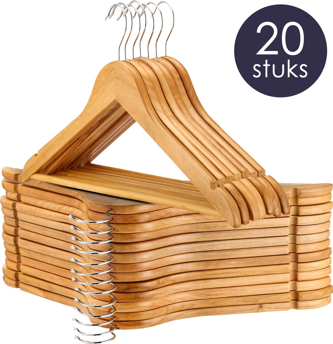 Behave Houten Kledinghangers - Kleerhanger - Kapstok - Inkeping - Broeklat - Metalen Haak - Volwassenen - Naturel - 20 Stuks