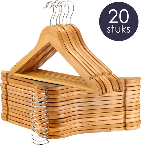 Behave Cintres en bois - Cintre - Porte-manteau - Encoche - Barre à pantalons - Crochet en métal - Adultes - Naturel - 20 pièces