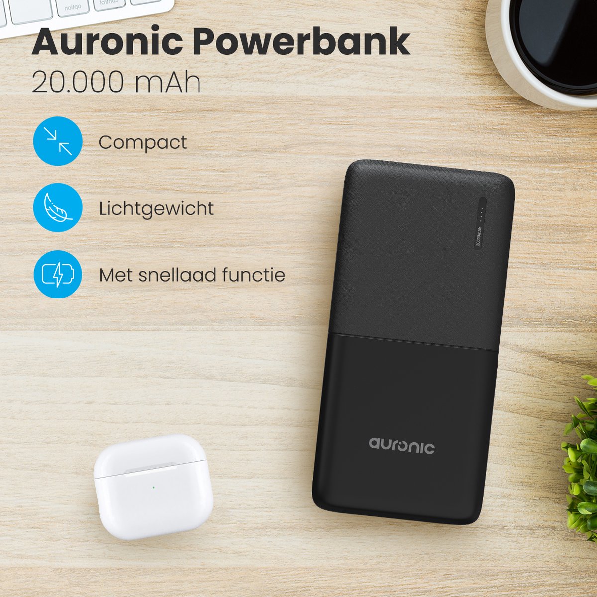 Auronic Powerbank 20.000 mAh Zwart met 4 Oplaadpoorten - afbeelding 2