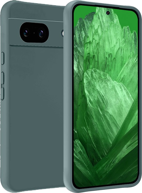 Coque de téléphone vert foncé, avec plateforme pour appareil photo et l'avant d'un Google Pixel 8A.