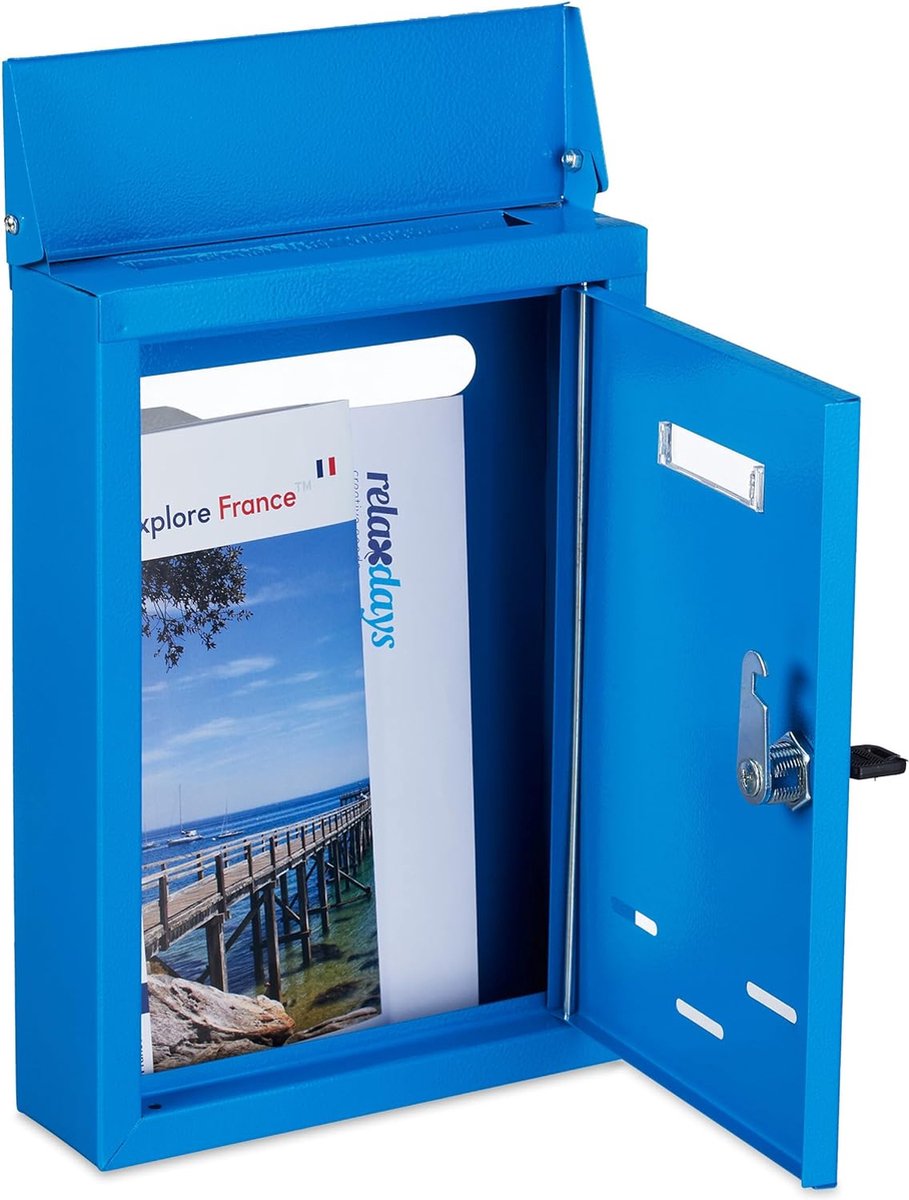 wandbrievenbus met naambordje, metaal, 2 sleutels, brievenbus, wandmodel, 30,5 x 21 x 7 cm, blauw
