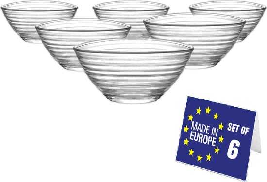 Set van zes doorzichtige glazen kommen met horizontale ribbels en een 'Made in Europe' en 'Set of 6' kaartje.