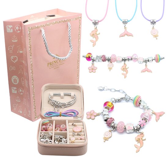 Foto: Loha party 68stuks prince bedelarmband making kit roze zeemeermin thema armbanden sieraden compleet sieradendoos zelf maken ketting bedelarmbandenset verjaardagscadeau meisjes knutselsets meisjescadeaus voor 5 13 jaar verjaardag kerstmis