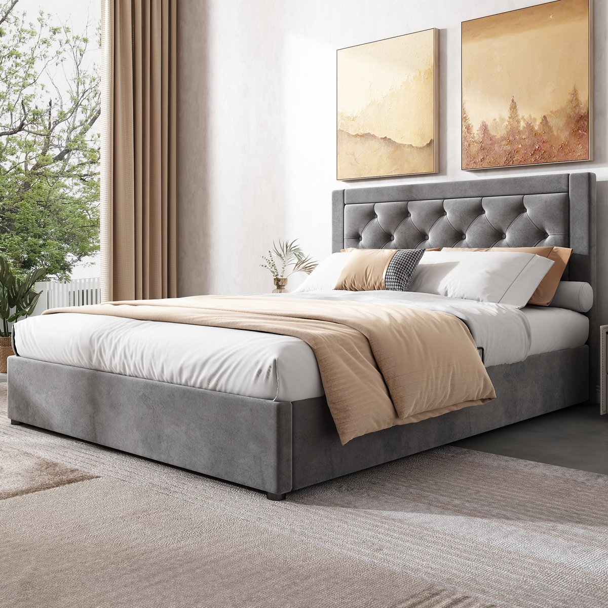 Sweiko Gestoffeerd Bed, Opslagbed met Links en Rechts Verwijderbare Bed Doos, Chesterfield Stijl, Schuim Gevulde Hoofdboord, Staal Frame Dubbel Bed, Fluweel, 140*200cm, Grijs