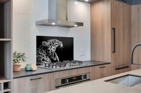 Spatscherm keuken 100x65 cm - Kookplaat achterwand Jaguar - Dier - Zwart - Wit - Muurbeschermer - Spatwand fornuis - Hoogwaardig aluminium