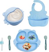 Kinderserviesset van siliconen, antislip, 6 stuks, babyborden, serviesset, kinderborden met zuignap, kom met slabbetje, lepel, vork, BPA-vrij servies voor peuters, blauw