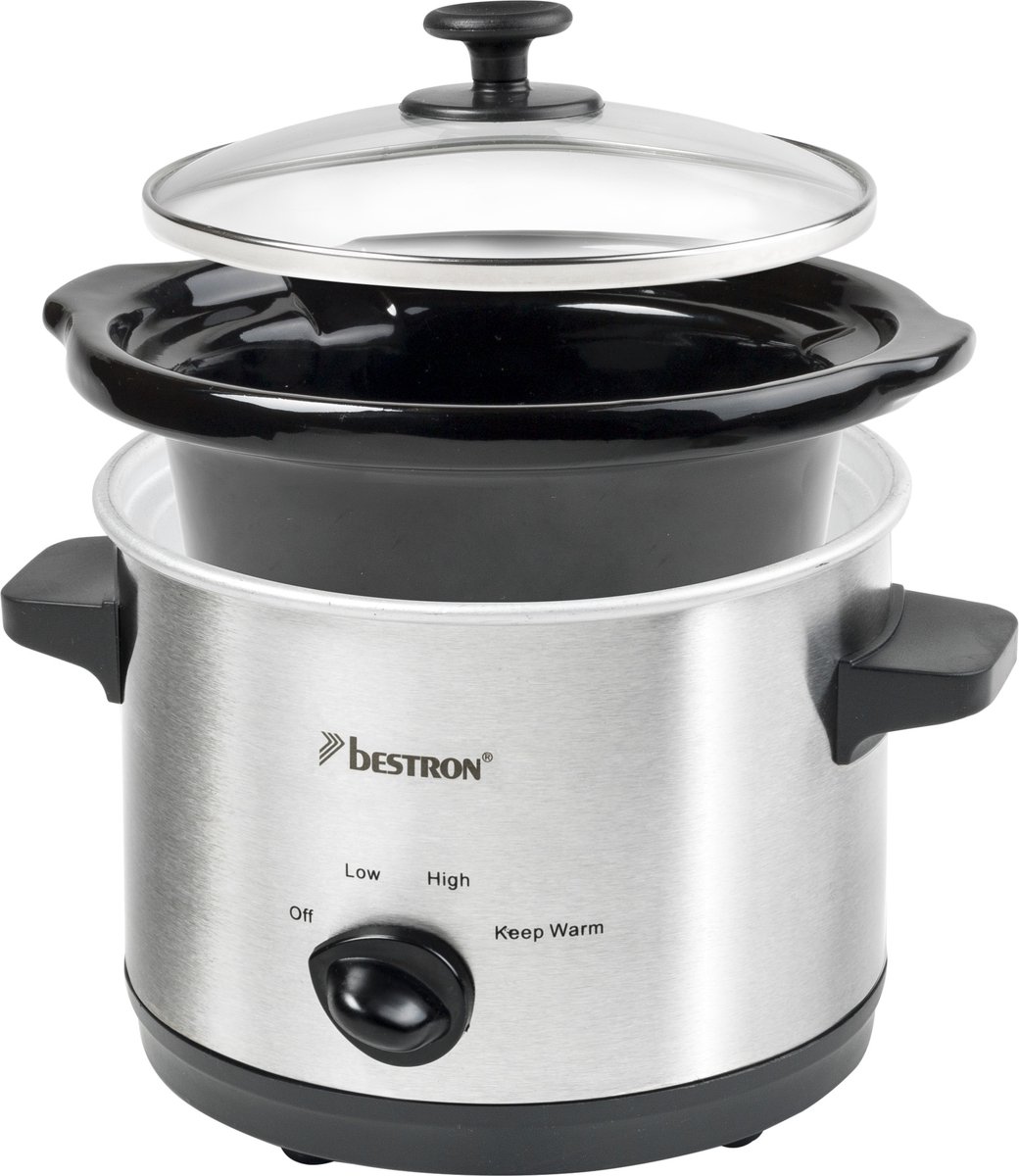 Afbeelding 3 van Bestron Slowcooker, met 3 programma's, keramische pan & glazen deksel, voor 2 Personen, 1,5L capaciteit, vatwasserveilig, 120 Watt, kleur: zilver