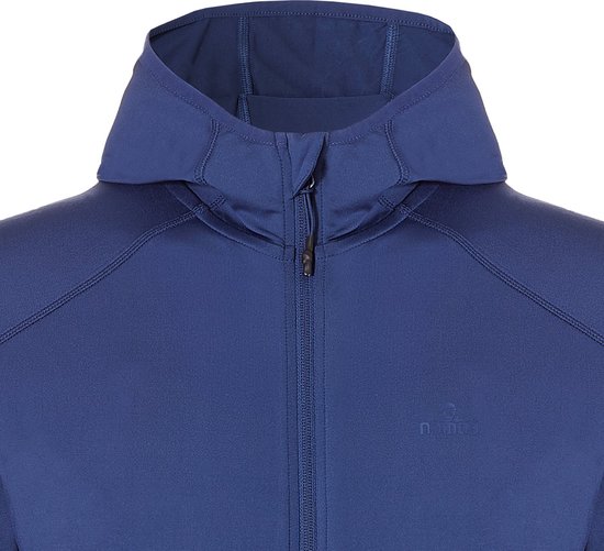 Donkerblauwe hoodie met opstaande kraag en ritssluiting.
