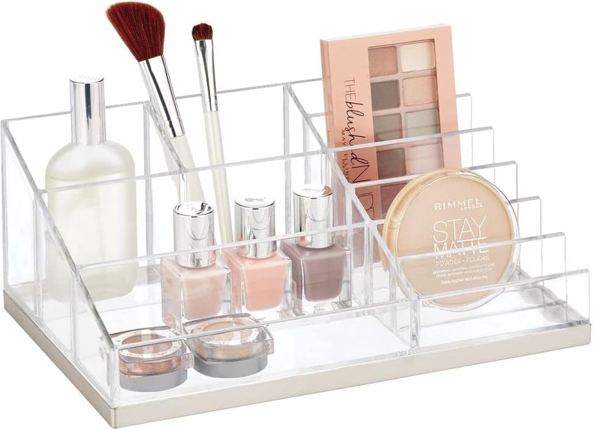 Goedkoopste Praktische cosmetica-organizer decoratieve cosmetica-opbergdoos voor nagellak en poeder plank met 10 vakken voor het opbergen van make-up, transparant/matzilverkleuren