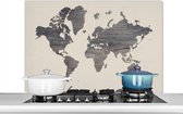 Spatscherm keuken 100x65 cm - Kookplaat achterwand Wereldkaart - Grijs - Hout - Muurbeschermer - Spatwand fornuis - Hoogwaardig aluminium