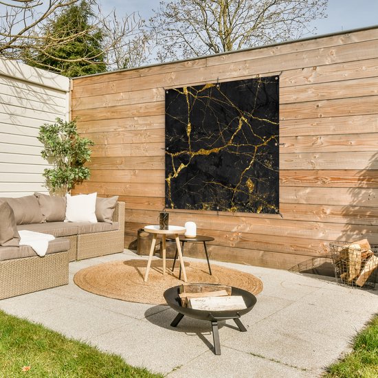 Tuinposter 100x100 cm - Tuindecoratie Marmer - Goud - Zwart - Marmerlook - Luxe - Glitter - Poster voor in de tuin - Buiten decoratie - Schutting tuinschilderij - Tuindoek muurdecoratie - Wanddecoratie balkondoek