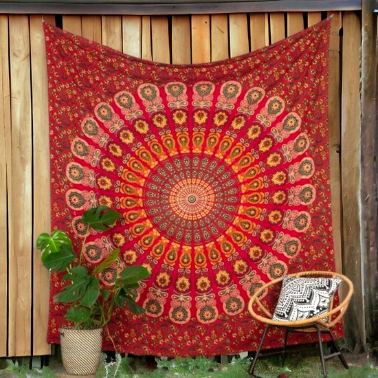 Wandkleed - Mandala - oranje/rood - muur decoratie - wanddoek - Duurzaam katoen - 200X210