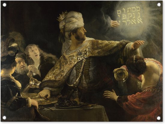 Tuinschilderij Het feestmaal van Belsazar - Rembrandt van Rijn - 80x60 cm - Tuinposter - Tuindoek - Buitenposter