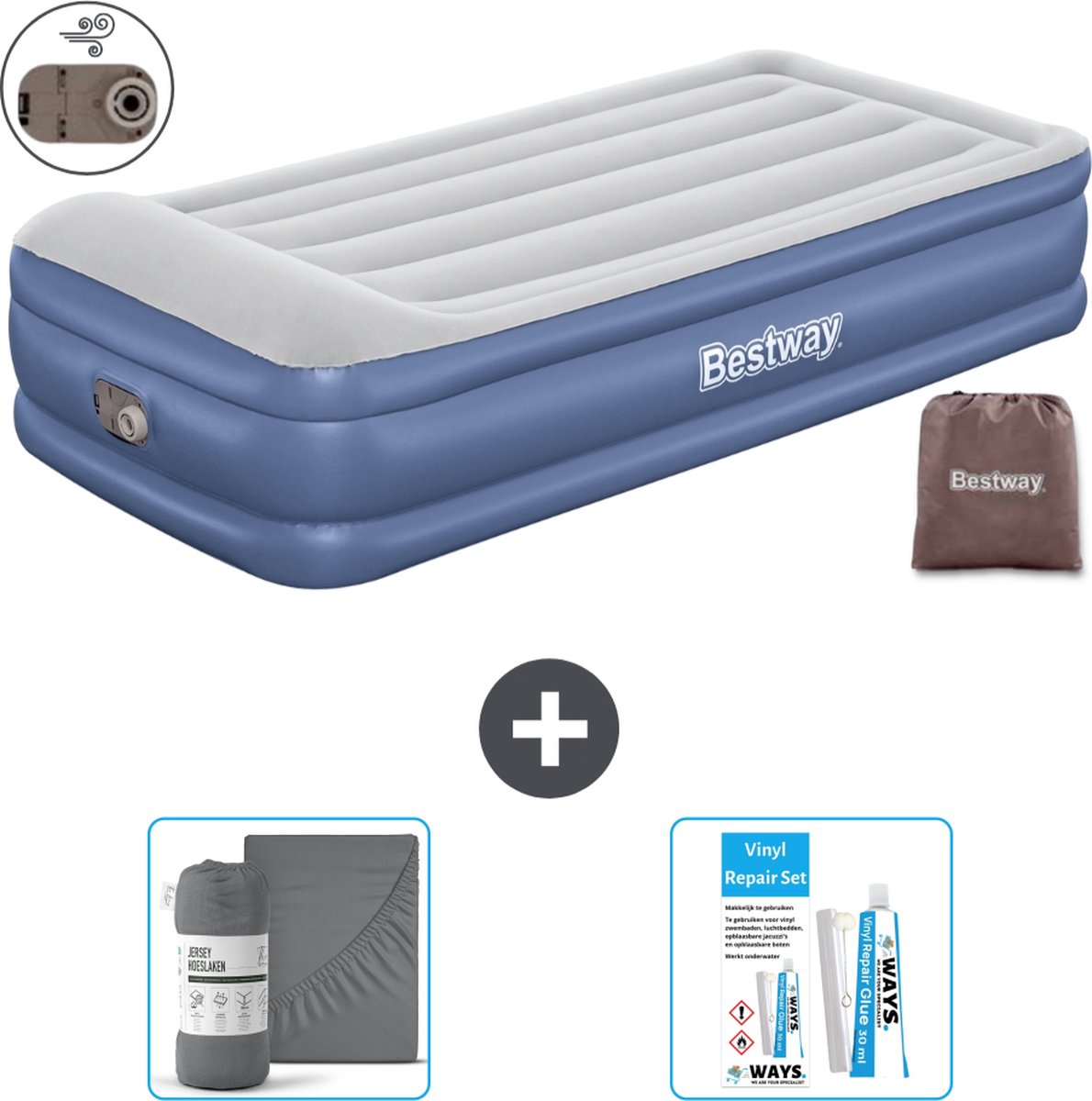 Bestway luchtbed - 1-Persoons - 97 x 191 x 46 cm - Grijs/Blauw - Inclusief pomp - Hoeslaken en Reparatieset