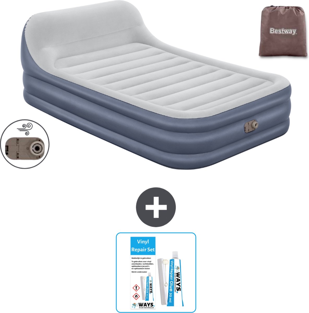 Bestway luchtbed - 2-Persoons - 152 x 226 x 46 cm - Grijs - Inclusief pomp - Reparatieset