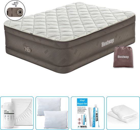 Bestway luchtbed - 2-Persoons - 152 x 203 x 51 cm - Bruin - Inclusief pomp - Hoeslaken - Kussen - Kussenbeschermer en Reparatieset