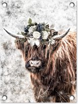 Tuin decoratie Schotse hooglander - Marmer - Bloemen - 30x40 cm - Tuindoek - Buitenposter