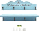 Koffiebekerhouder met 8 haken, 2 stuks houten koffiebekerhouder met koffietekens, theekophanger voor bar, keuken, organizer, display, koffiehoek, hoekdecoratie, blauw, 2 stuks