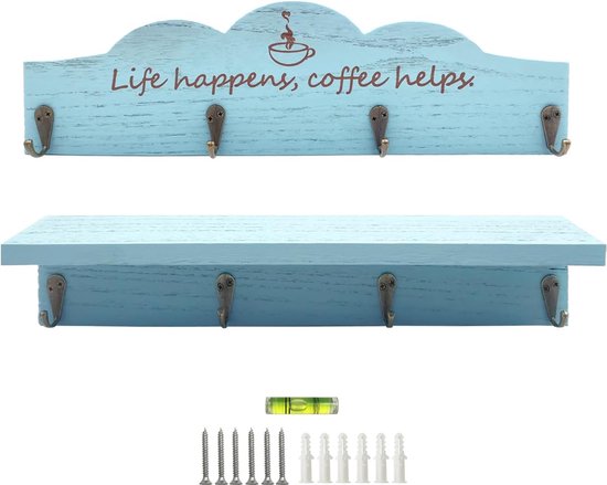 QUMENEY 4 stuks koffiebekerhouders, aan de muur gemonteerd, metaal, koffiemok, hanger, organizer, opbergrek met 16 haken, koffietekens, decoratie voor keuken, koffie, bar, station, accessoires QUMENEY 4 stuks koffiebekerhouders, aan de muur gemonteerd, metaal, koffiemok, hanger, organizer, opbergrek met 16 haken, koffietekens, decoratie voor keuken, koffie, bar, station, accessoires