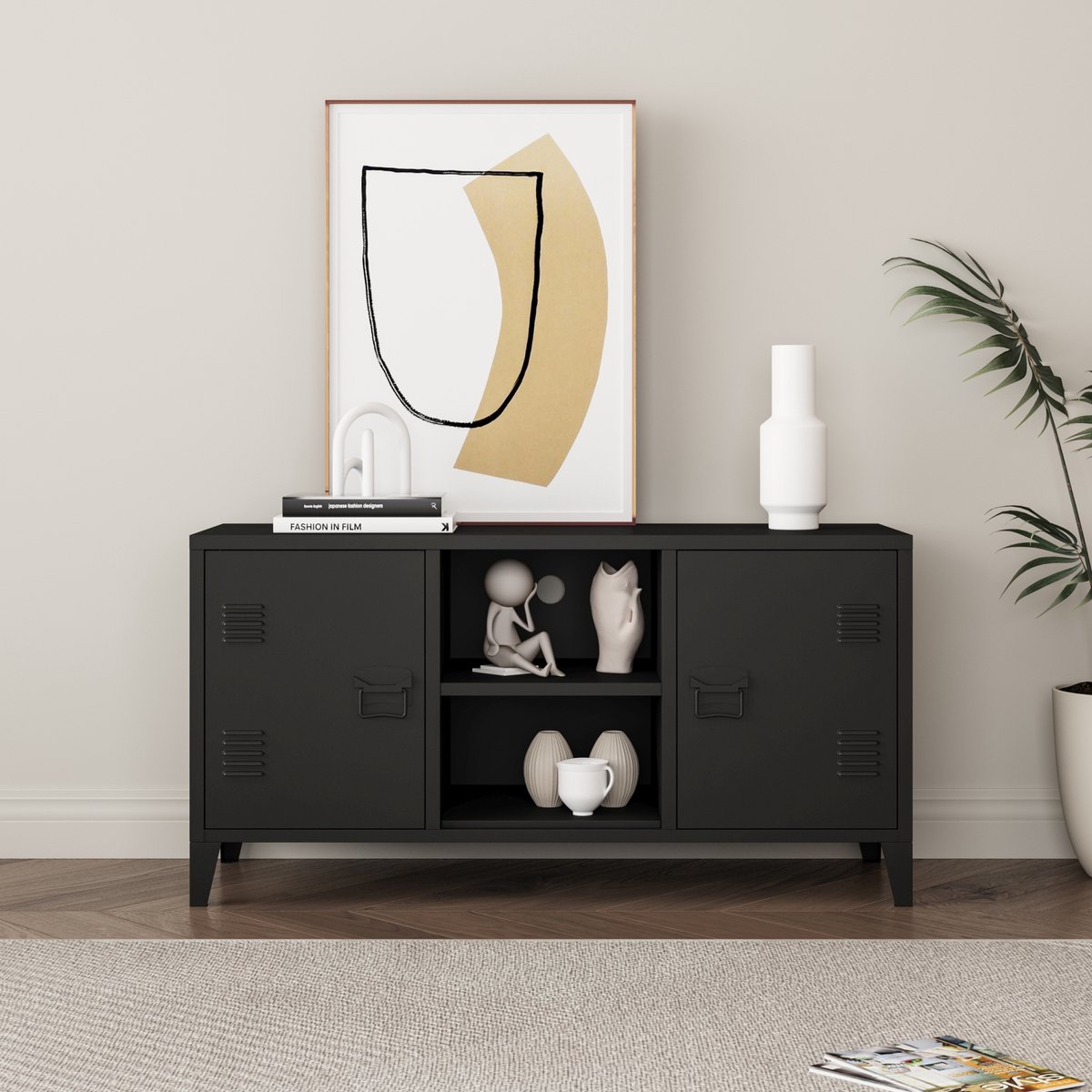en.casa TV meubel Kotka 113x40x58 cm staal met 2 deuren zwart [en.casa]